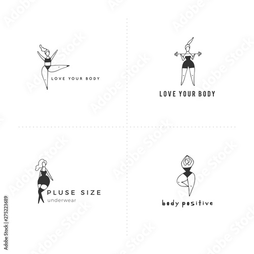 Set of vector hand drawn icons with text. Body positive concept. Attractive happy overweight women.