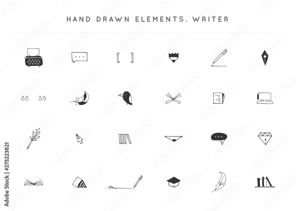 Set of vector hand drawn icons. Writing, copywrite and publishing theme.