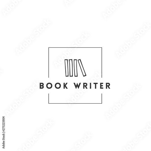 Publishing, writing and copywrite theme. Hand drawn vector logo template with books in a in square shape.
