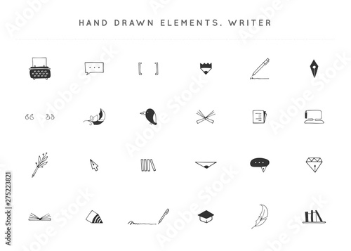 Set of vector hand drawn icons. Writing, copywrite and publishing theme.