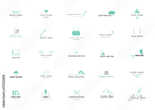 Publishing, writing, and copywrite theme. Vector hand drawn set of logo templates in colour.