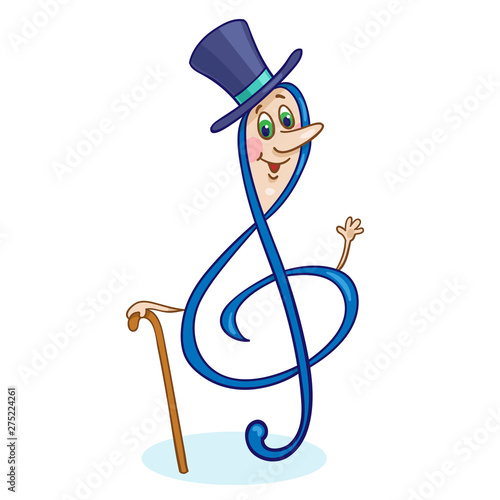 Cheerful treble clef in a top hat and with a cane. In cartoon style, isolated on white background. Vector illustration.