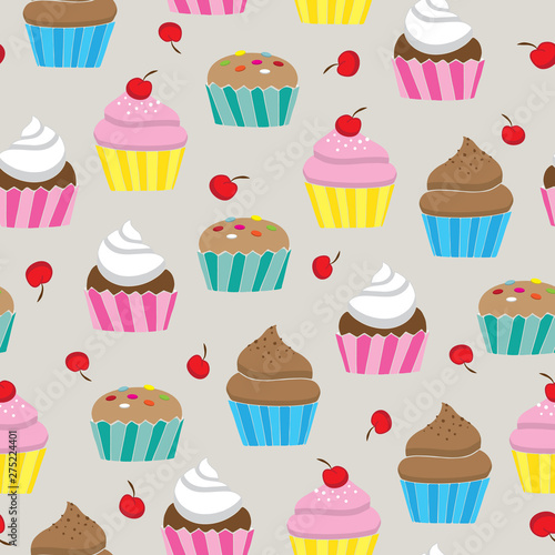 Seamless background with cupcakes and cherries illustration
