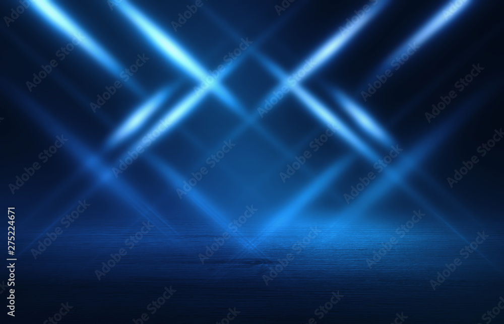 Empty background scene. Dark street reflection on wet asphalt. Rays of neon light in the dark, neon figures, smoke. Background of empty stage show. Abstract dark background. Empty background scene. Dark street reflection on wet asphalt. Rays of neon light in the dark, neon figures, smoke. Background of empty stage show. Abstract dark background.