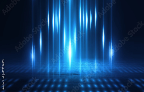 Empty background scene. Dark street reflection on wet asphalt. Rays of neon light in the dark, neon figures, smoke. Background of empty stage show. Abstract dark background.