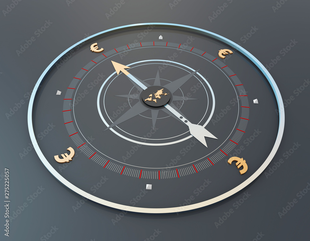 Compass and currency symbols, financial economic development goals and plans,world and euro Compass and currency symbols, financial economic development goals and plans,world and euro