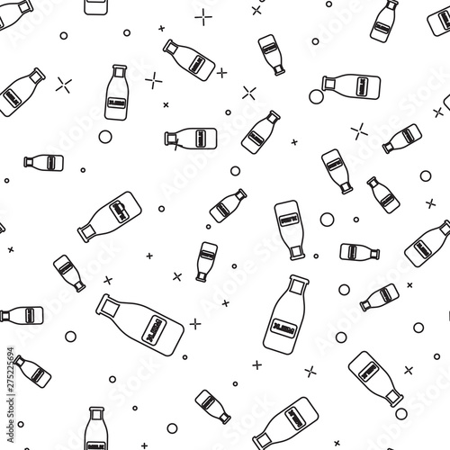 Black Closed glass bottle with milk and cap icon isolated seamless pattern on white background. Vector Illustration