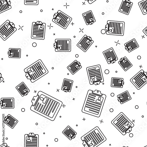 Black Clipboard with resume icon isolated seamless pattern on white background. CV application. Curriculum vitae, job application form with profile photo concept. Vector Illustration