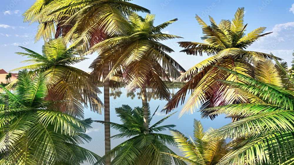 Palm trees near oasis in Africa 3d rendering