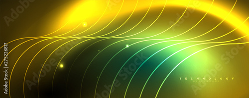 Shiny neon lines template - northern lights glowing blur lines. Futuristic style glow neon 80s disco club or night party techno template