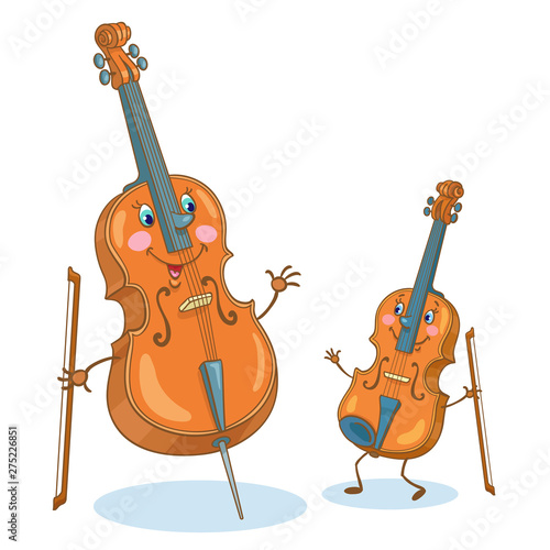 Musical instruments. Meeting of cute violin and cello. In cartoon style. Isolated on white background. Vector illustration.