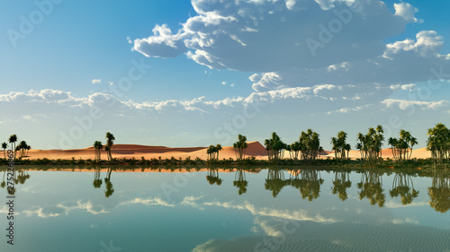 Palm trees near oasis in Africa 3d rendering