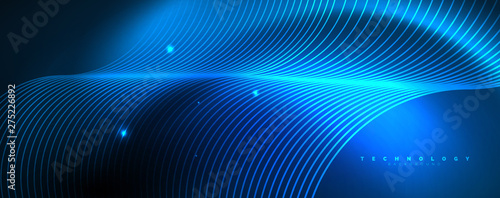 Trendy neon blue abstract design with waves and circles. Neon light glowing effect. Abstract digital background.