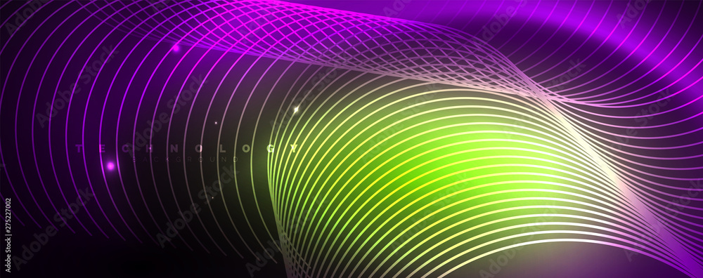 Shiny neon lights, dark abstract background with blurred magic neon light curved lines Shiny neon lights, dark abstract background with blurred magic neon light curved lines