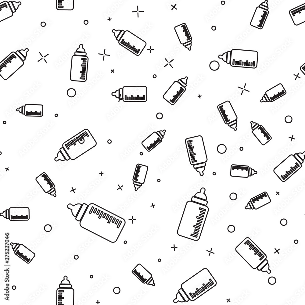 Black Baby bottle icon isolated seamless pattern on white