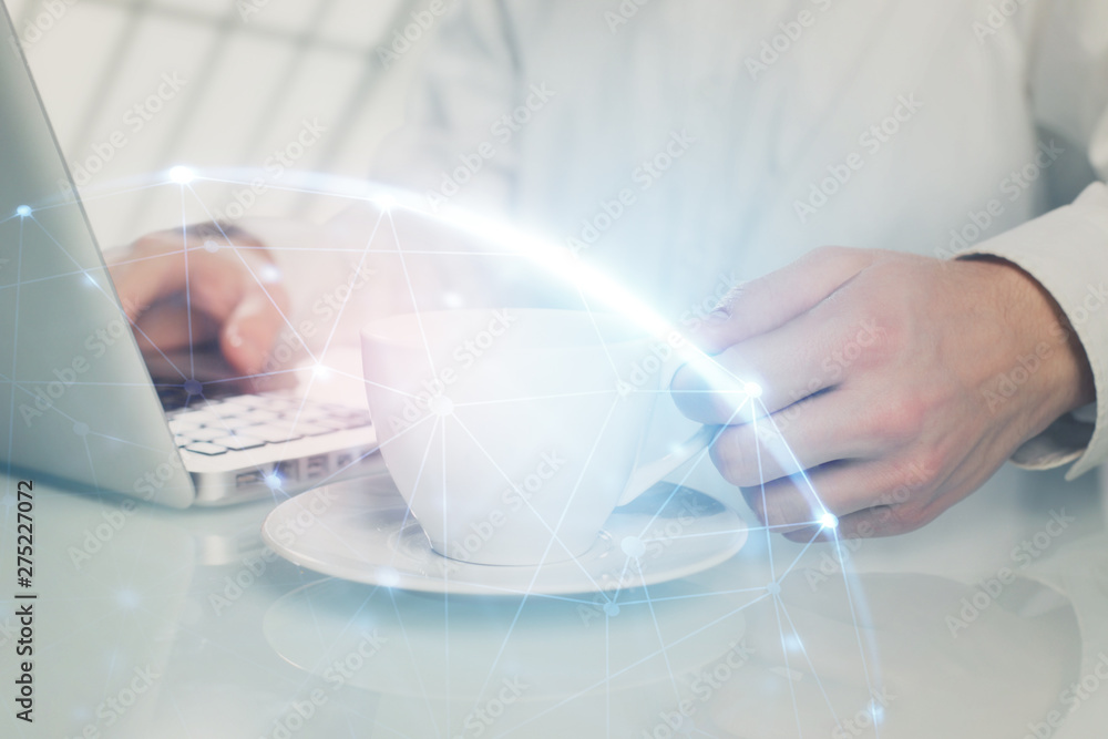 Social network theme hologram with businessman working on computer on background. Multi exposure. Social network theme hologram with businessman working on computer on background. Multi exposure.