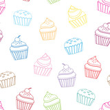 Cute colorful cupcakes line-art vector seamless background pattern	