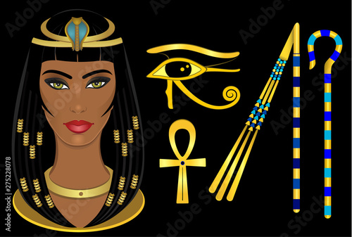 Cleopatra Egypt queen, Horus eye, Ankh, Crook and Flail