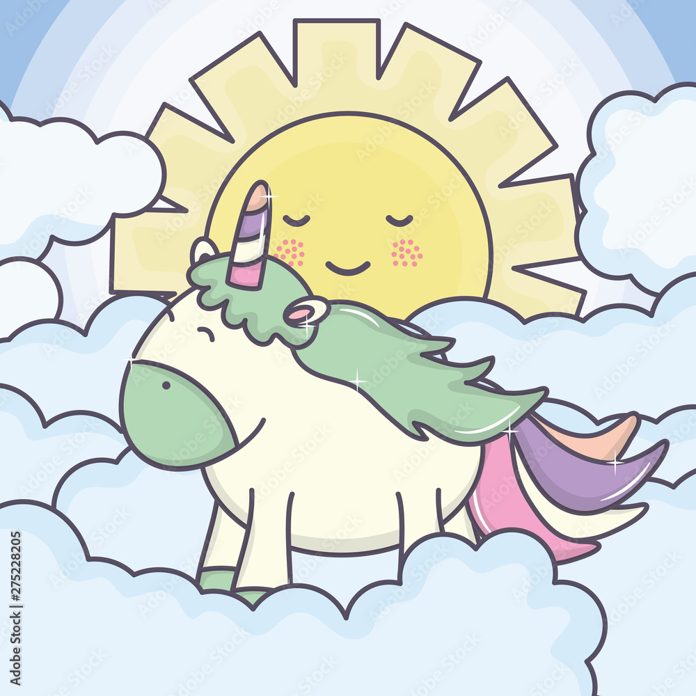 Obraz premium cute adorable unicorn and clouds and sun kawaii characters