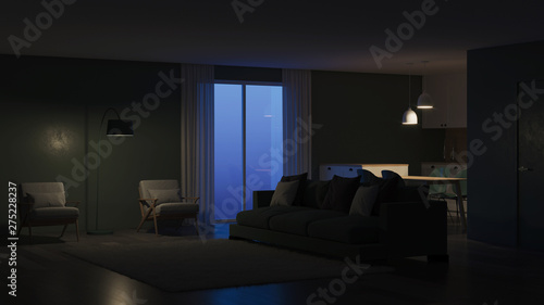 Modern house interior. Green color in the interior. Night. Evening lighting. 3D rendering.