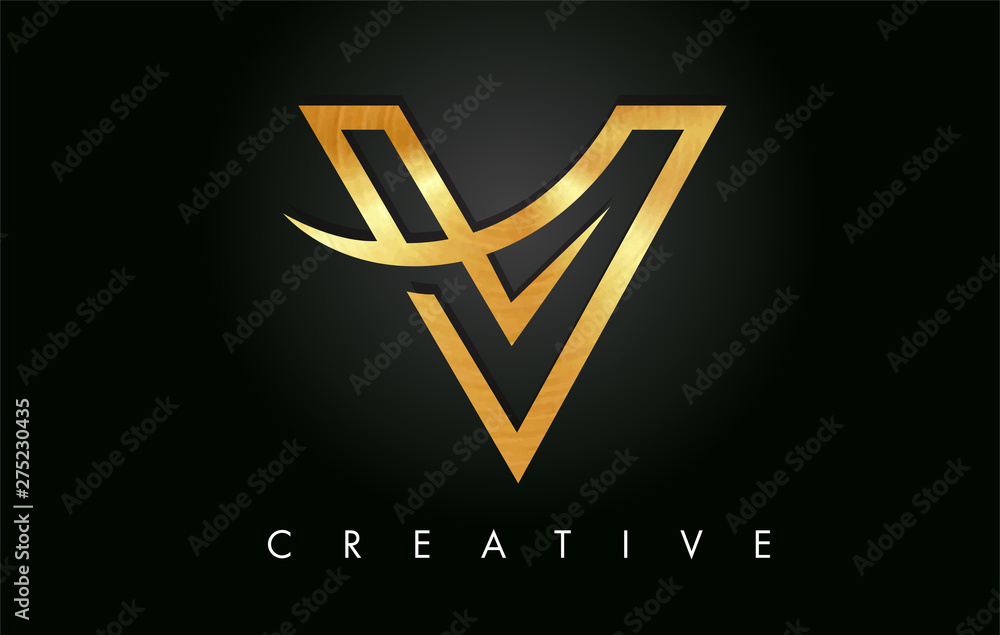 Golden Gold V Letter Design Logo. Letter V Icon Logo with Modern Swoosh