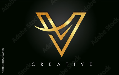 Golden Gold V Letter Design Logo. Letter V Icon Logo with Modern Swoosh