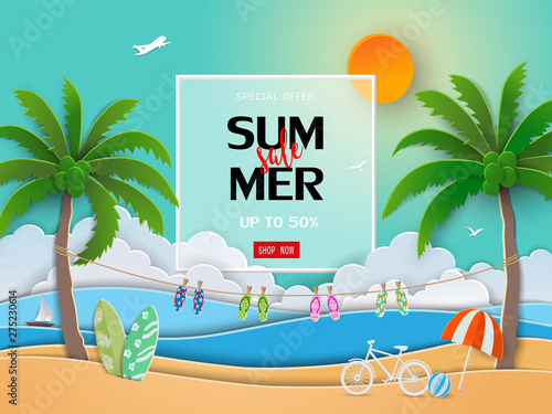 Paper art summer sale background with view of blue sea for voucher discount,banner,flyer,template,poster,invitation,greeting card,website,advertising or online shopping