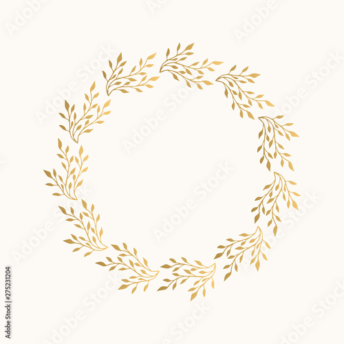Golden elegant wreath with nature elements. Vector isolated illustration.