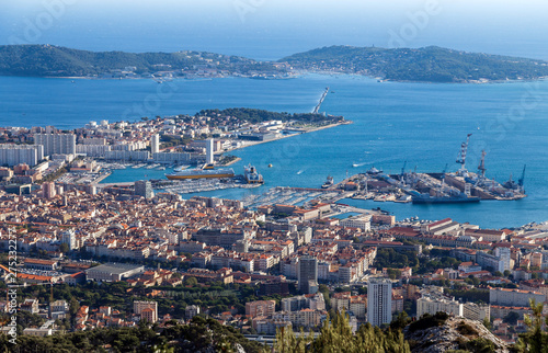 Aerial panoramic view of Toulon city and coastline from Faron mountain. France. Travel Europe. © Telly