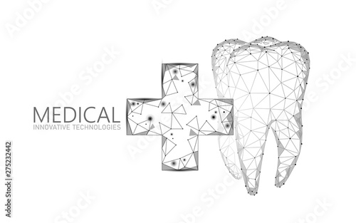 Medical cross healthy human tooth 3d. Medicine model low poly. Doctor online concept. Medical consultation app. Web healthcare dentist stomatologist modern technology vector illustration