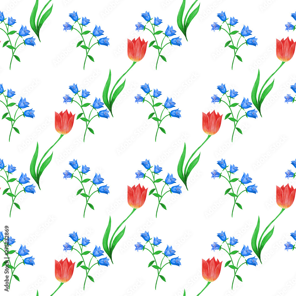 Simple seamless floral pattern. Blue bells and red tulips randomly located on white background. Simple seamless floral pattern. Blue bells and red tulips randomly located on white background.