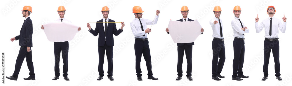 panoramic photo collage of architect expert isolated on white panoramic photo collage of architect expert isolated on white