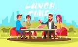 Young people sitting at table with drinks and pizza in park. Vector white lettering Lunch time. Smiling men and women spending time outdoor, in alfresco cafe, in nature near summerhouse or cottage.