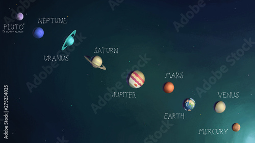 Colourful hand drawn space illustration. Mercury  Venus  Earth  Mars  Jupiter  Saturn  Uranus  Neptune  Pluto. Concept for poster  greeting card  cover  etc. 