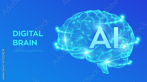 Brain. Digital brain. 3D Science and Technology concept. Neural network. IQ testing, artificial intelligence virtual emulation science technology. Brainstorm think idea. Vector illustration.