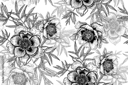 Seamless pattern with peonies and leaves. Black and white.