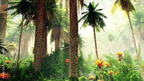 Blooming jungle in the fog  flowers among palm trees  palm trees in the fog