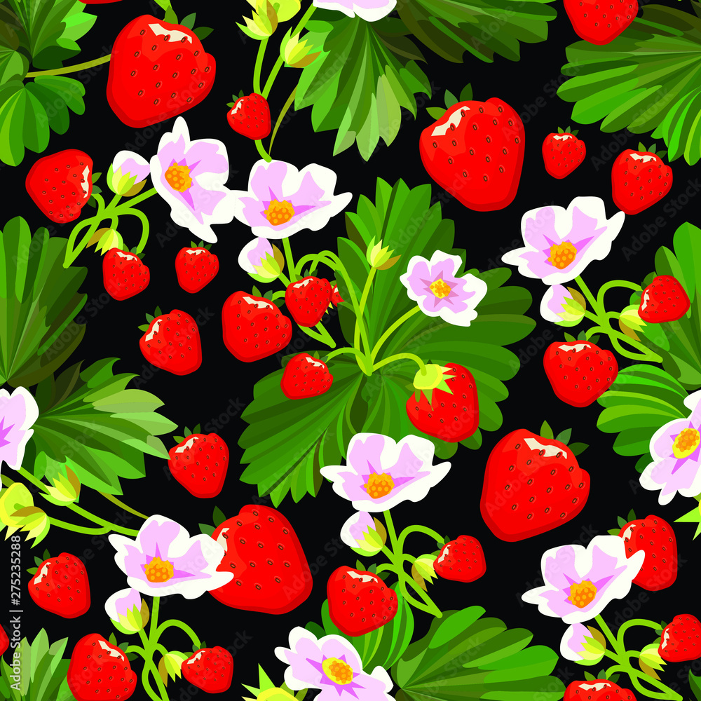 Strawberry bush. Plant with flowers and leaves of strawberries. Seamless pattern. Vector illustration.
