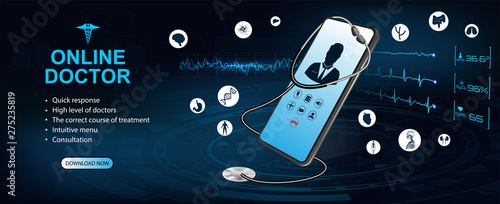 Concept of telemedicine and e-health. Doctor online. Consultation with the doctor through the screen of the phone. Graphic of realistic smartphone device with stethoscope and interface elements. 