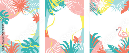set of abstract background designs with tropical plants, palm leaves, pastel colors