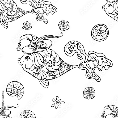 Sea seamless vector pattern. Ocean tropicar exotic illustration with shells  sea plants and fish.