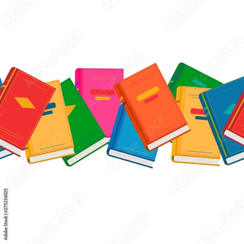 Vector chaotic endless horizontal border with colored books. Back to school concept, seamless pattern for design, kids zone, offers, sale, book festival. Cute education background.