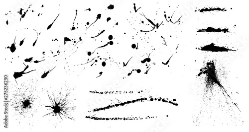 Isolated ink splashes and drops. Different handdrawn spray design, grunge splash, ink blots. High quality manually traced. Splatter grunge set. Vector grunge collection