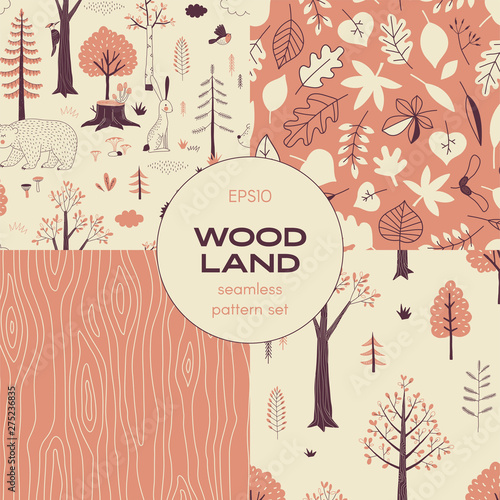 Forest wildlife childish vector seamless pattern set. Woodland tree leaves graphics. Woody landscape with Hedgehog Bear Hare creatures repeatable background. Nature park plant and trees print. Woody