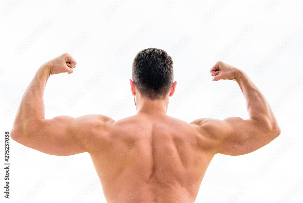Achieve success. Successful athlete. Victory and success. Champion and winner concept. Sport motivation. Man celebrating success. Bodybuilder strong muscular back feeling powerful and superior Achieve success. Successful athlete. Victory and success. Champion and winner concept. Sport motivation. Man celebrating success. Bodybuilder strong muscular back feeling powerful and superior
