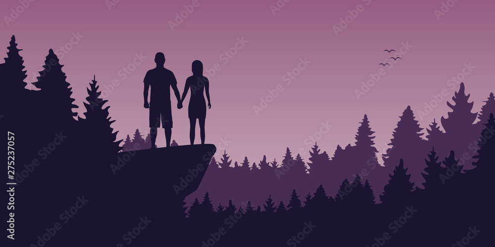 young couple on a cliff in the forest romantic landscape vector illustration EPS10 young couple on a cliff in the forest romantic landscape vector illustration EPS10