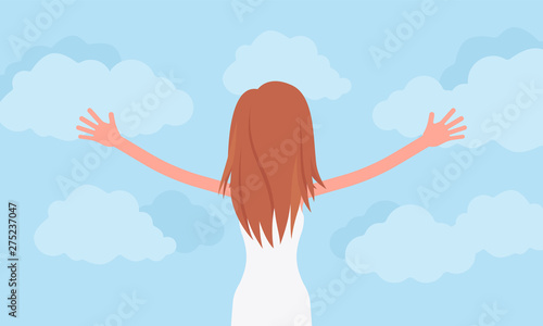 Woman praising with stretched out arms, rear view. Young girl wearing white clothes open hands to sky, express approval, god admiration, practicing relaxation. Vector flat style cartoon illustration