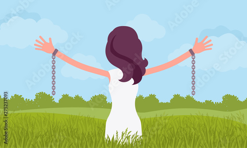Unchained woman with stretched out arms, rear view. Young girl with removed chains set free, feeling personal power, freedom, liberation from slavery, restraint. Vector flat style cartoon illustration