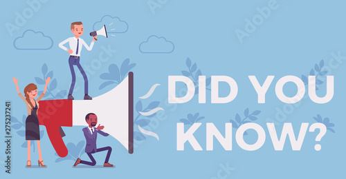 Did you know megaphone announcement. Group of people holding loud speaker to explain interesting facts of commercial product, promotion, advertising information. Vector flat style cartoon illustration