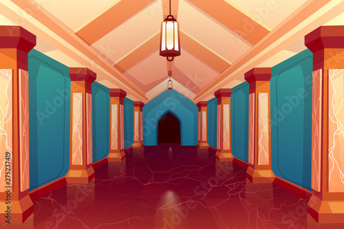 Palace hall, castle column empty corridor interior, gorgeous hallway with pillars and marble floor, perspective view. Background for computer game, antique architecture. Cartoon vector Illustration
